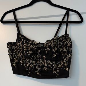 Embroidered Black Crop Top